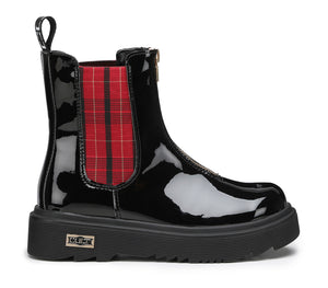 Stivaletti Chelsea da Bambina in Vernice Nera con Elastico Tartan Rosso 