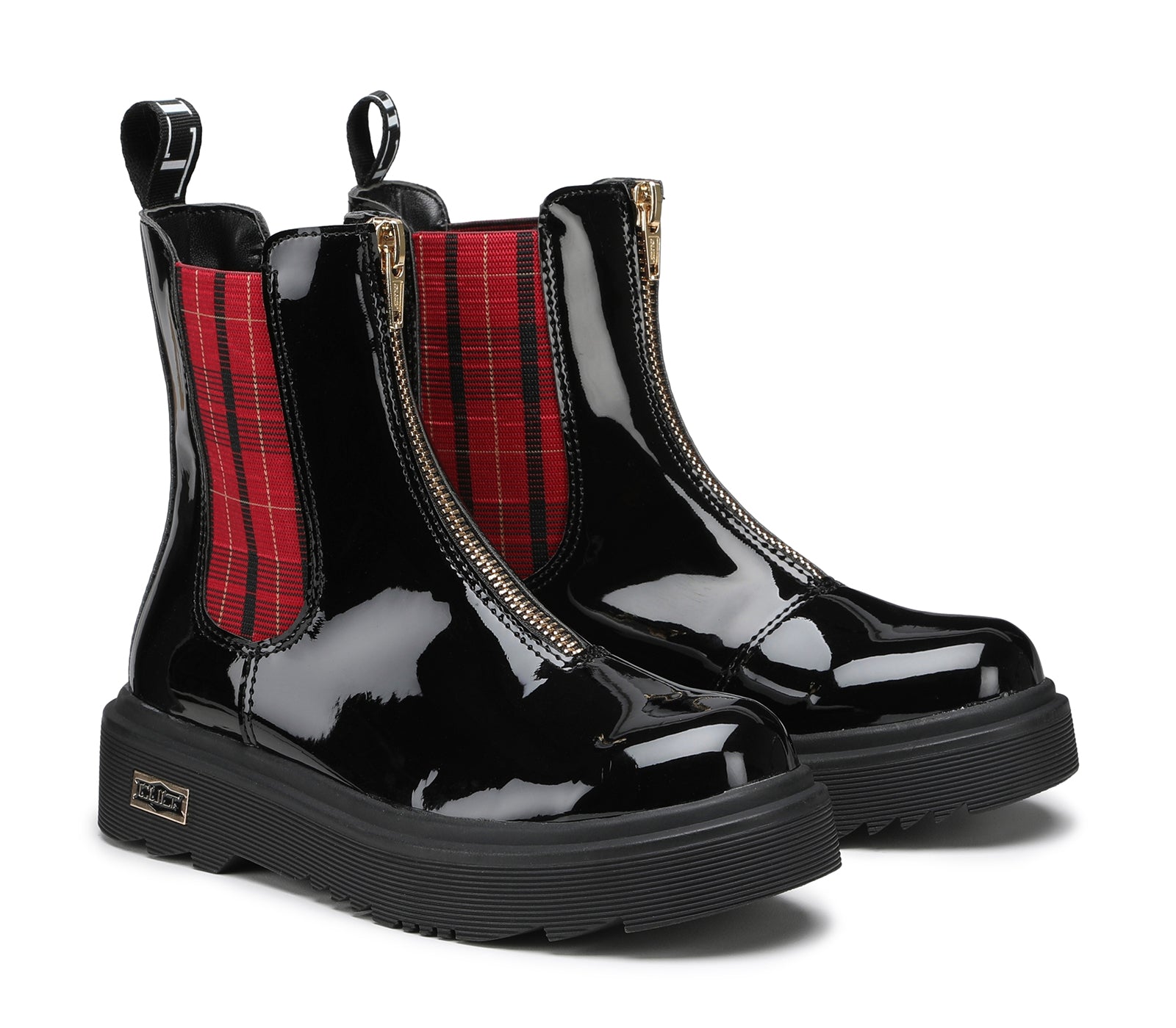 Stivaletti Chelsea da Bambina in Vernice Nera con Elastico Tartan Rosso 