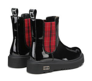 Stivaletti Chelsea da Bambina in Vernice Nera con Elastico Tartan Rosso 